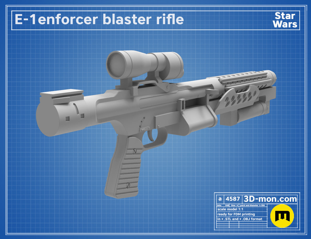 3D model render of E-1 Enforcer Blaster Rifle, Star Wars cosplay prop, side view STL