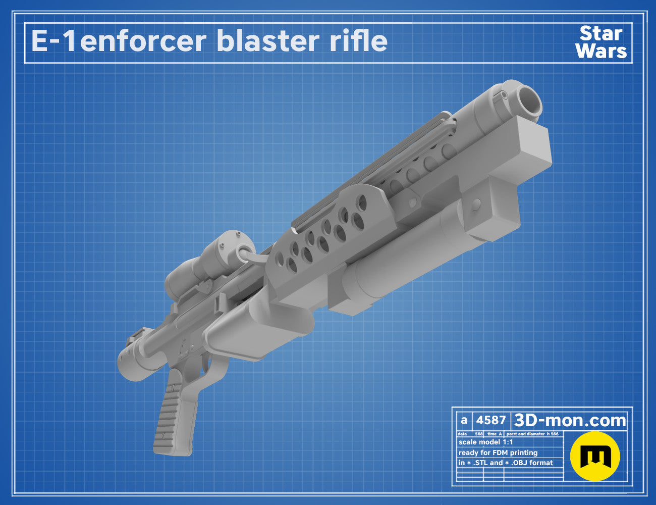 3D model render of E-1 Enforcer Blaster Rifle, Star Wars weapon, printable 3D print cosplay prop