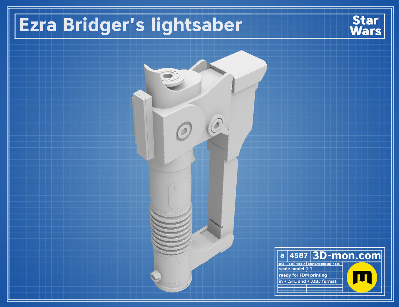 3D model render of Ezra Bridger's Lightsaber STL, grey hilt with ribbed emitter, Star Wars cosplay prop