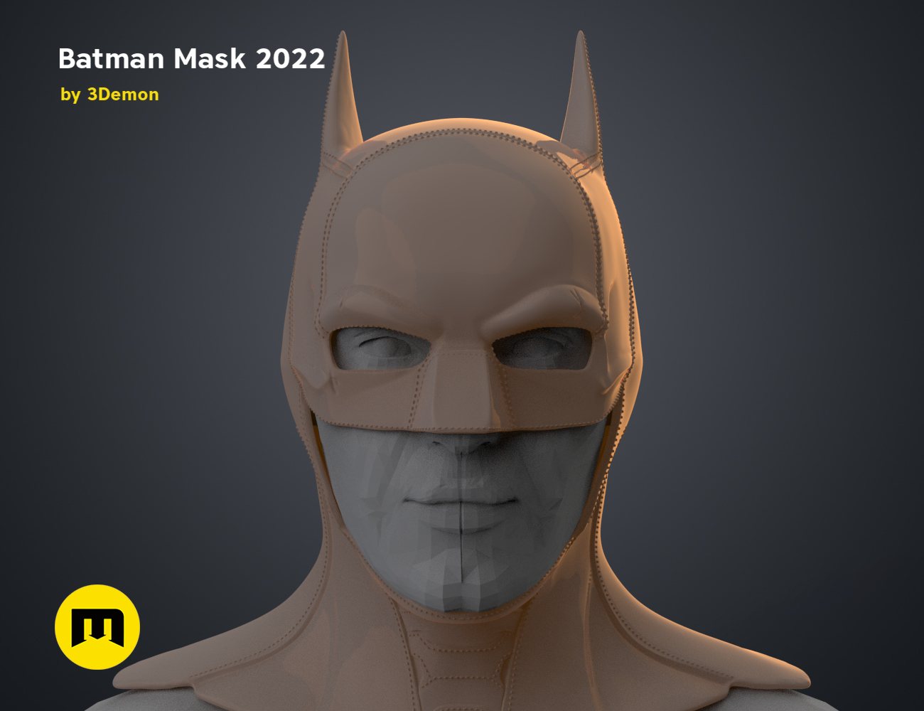 3D model render of Batman Mask – The Batman, front view cosplay prop STL