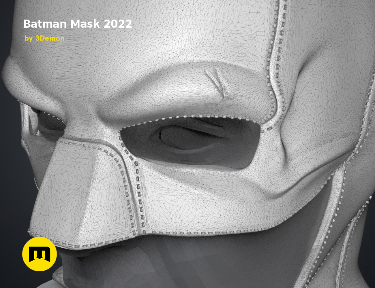 Wireframe mesh render of Batman Mask STL, detailed face mesh topology, 3D print cosplay prop