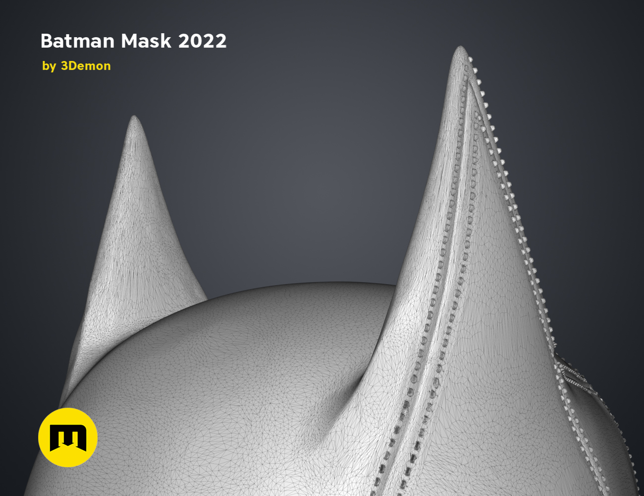 Wireframe mesh render of Batman Mask 2022 STL, detailed mesh topology with pointed ears, 3D print cosplay prop
