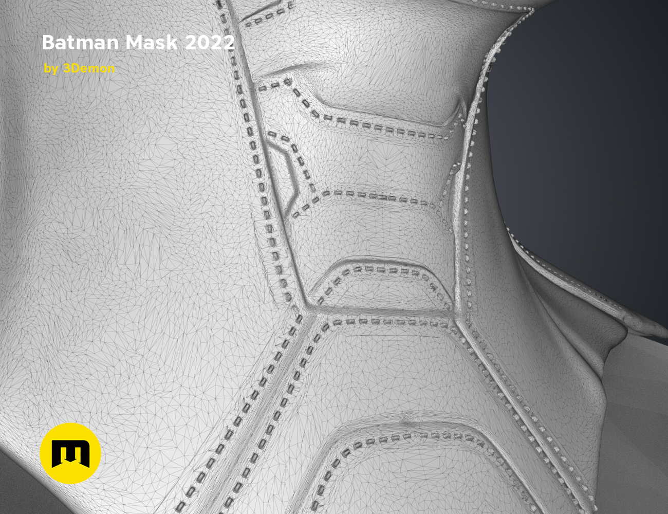 Wireframe mesh render of Batman Mask STL, detailed face mesh topology, 3D print cosplay prop