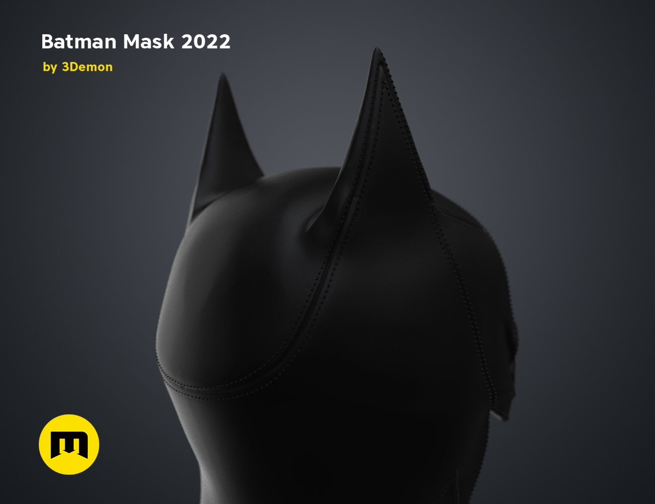 3D model render of Batman Mask – The Batman, sleek black cosplay prop with pointed ears, 3D print