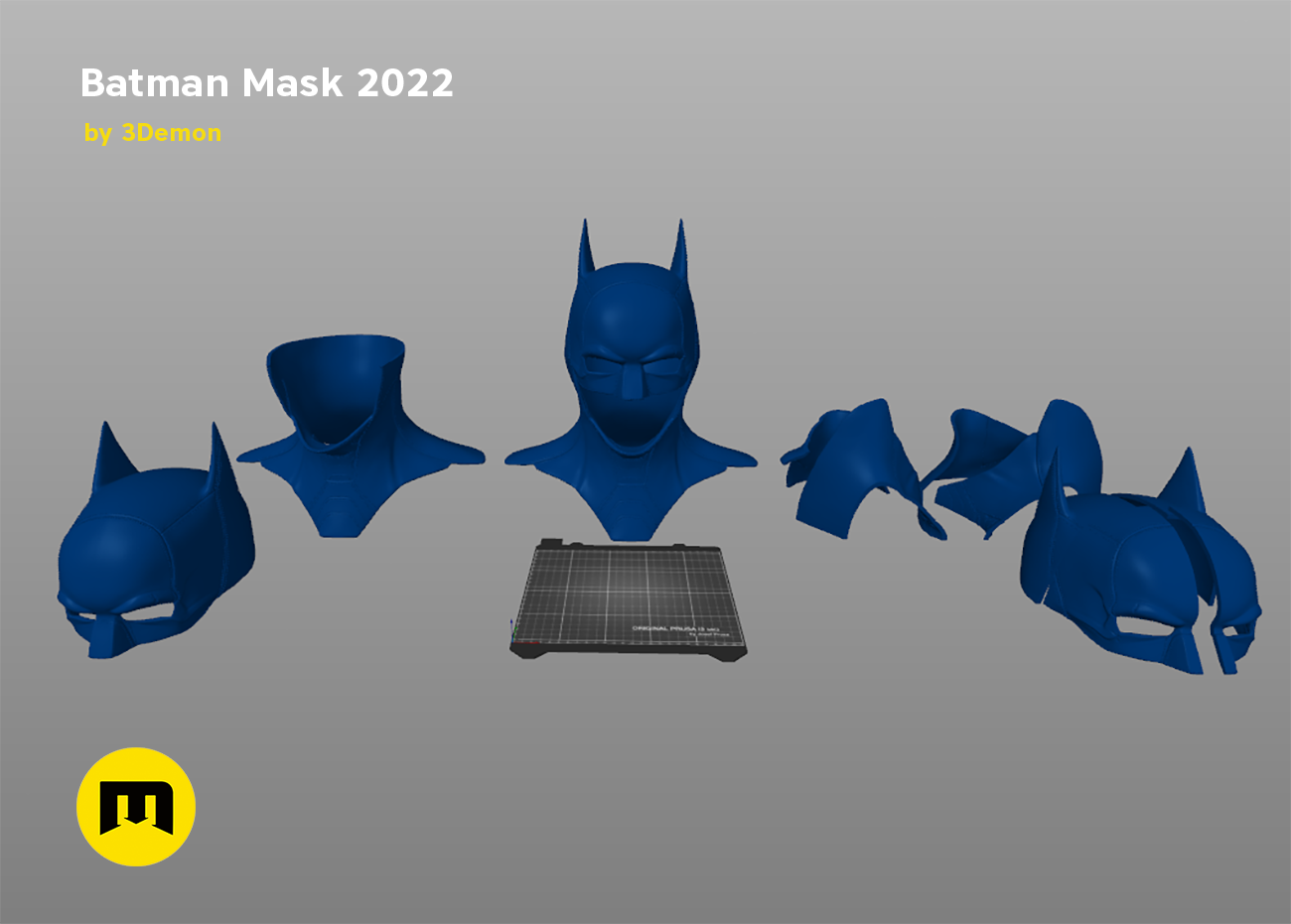 Color-coded parts breakdown of Batman Mask STL, exploded view Batman cosplay prop