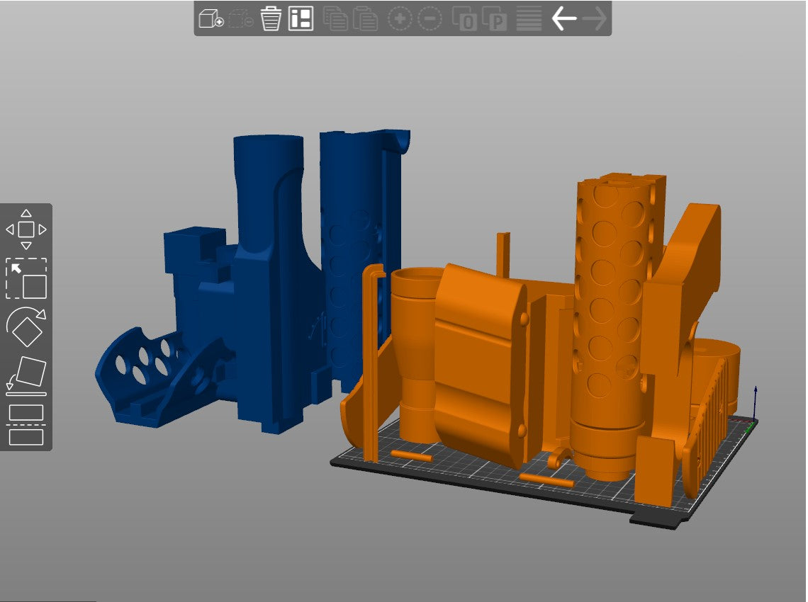 Color-coded parts breakdown of E-1 Blaster Rifle, orange/blue assembly guide for 3D print cosplay prop