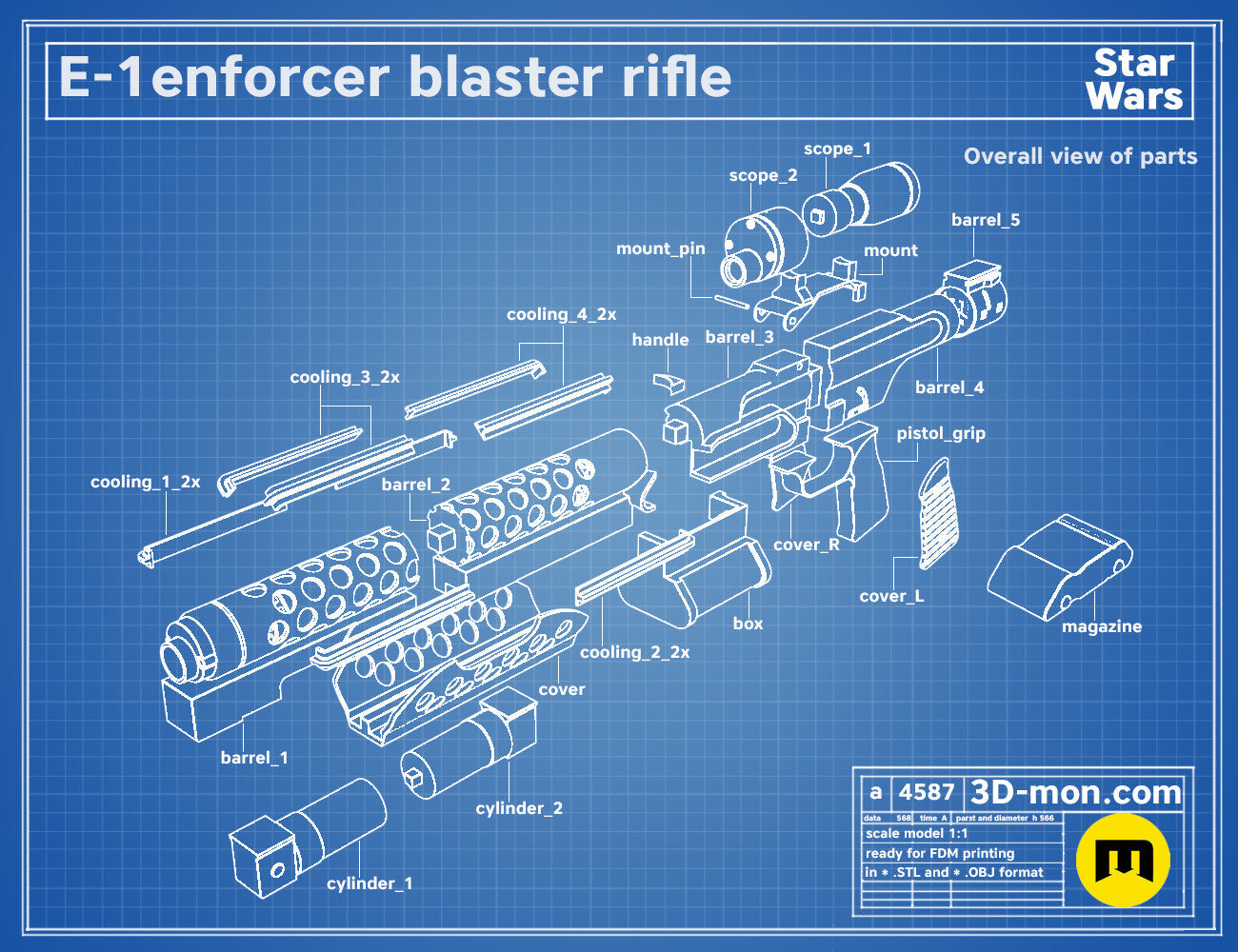 Exploded view of E-1 Blaster Rifle, Star Wars cosplay prop with labeled parts, 3D print assembly guide