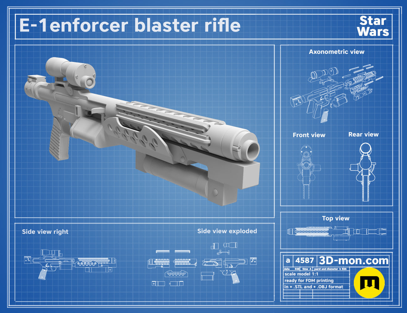 Exploded view of E-1 Enforcer Blaster Rifle STL, Star Wars weapon assembly guide, 3D print cosplay prop