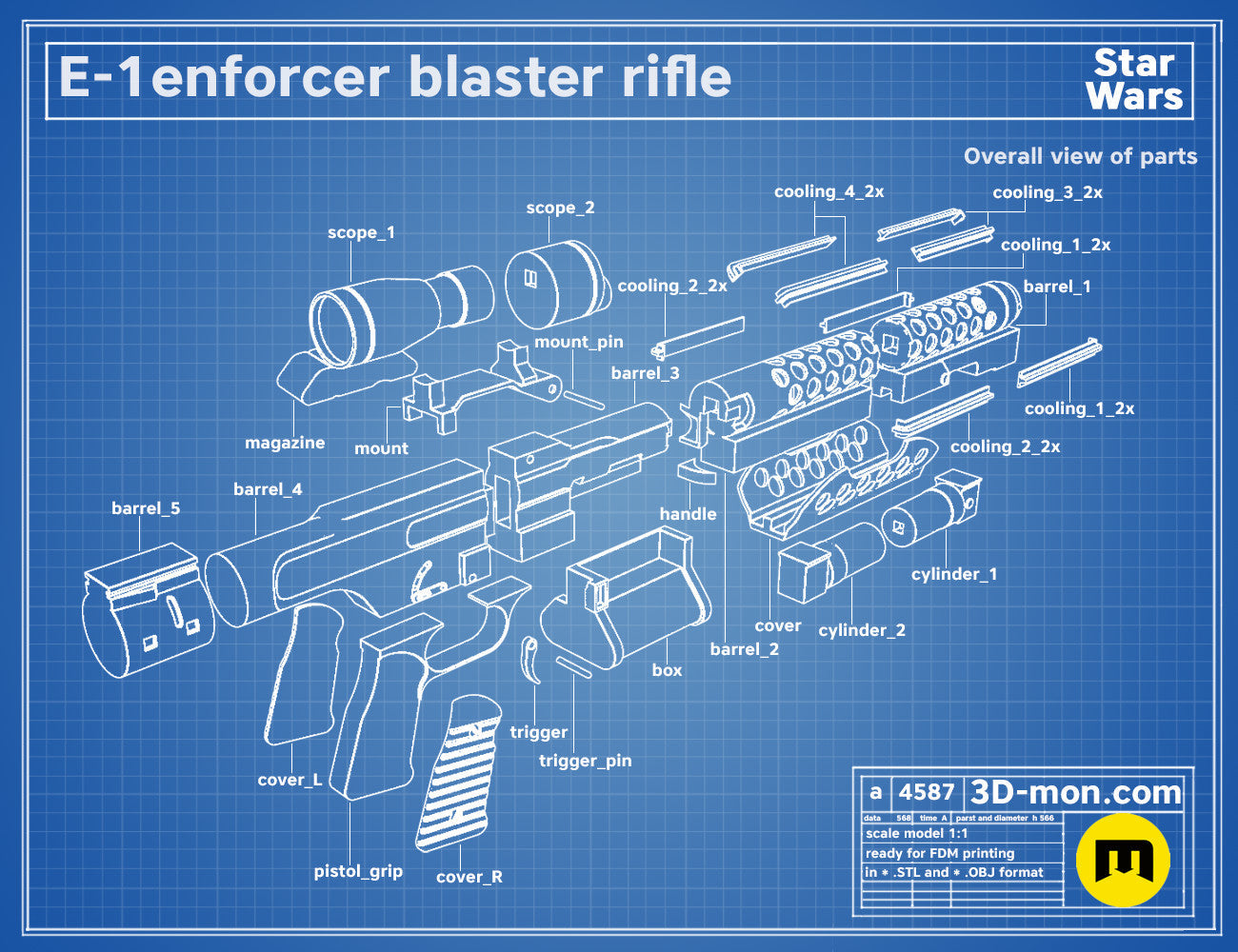 Exploded view of E-1enforcer Blaster Rifle STL, Star Wars weapon assembly guide, 3D print cosplay prop