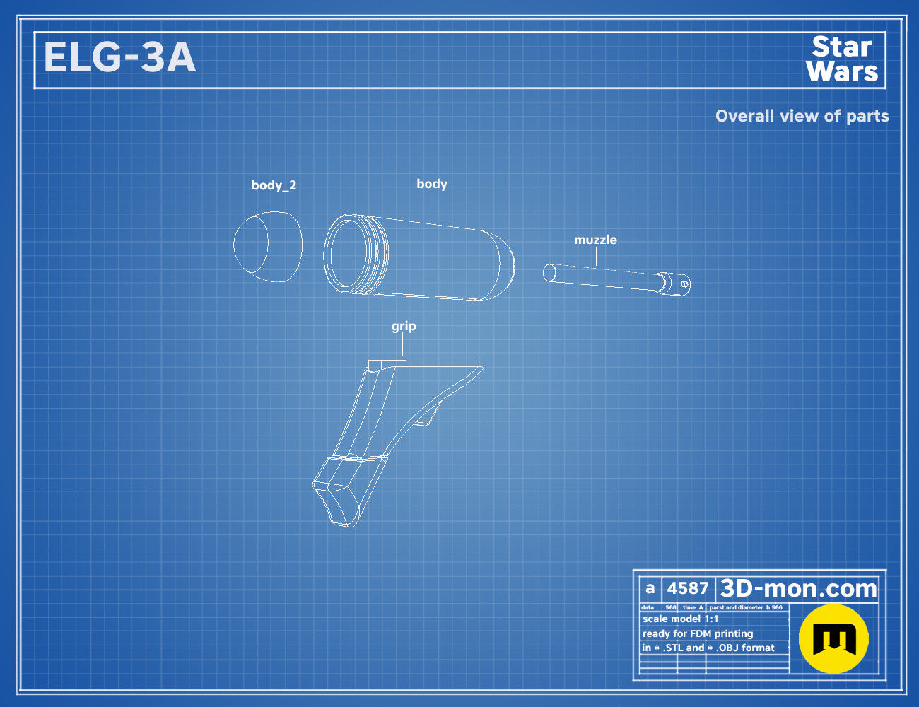 Exploded view of ELG-3A Blaster STL, Star Wars weapon parts breakdown for 3D print