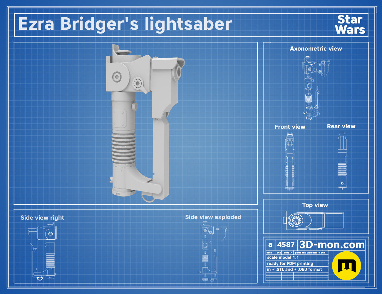 Exploded view of Ezra Bridger's Lightsaber STL, Star Wars cosplay prop assembly guide