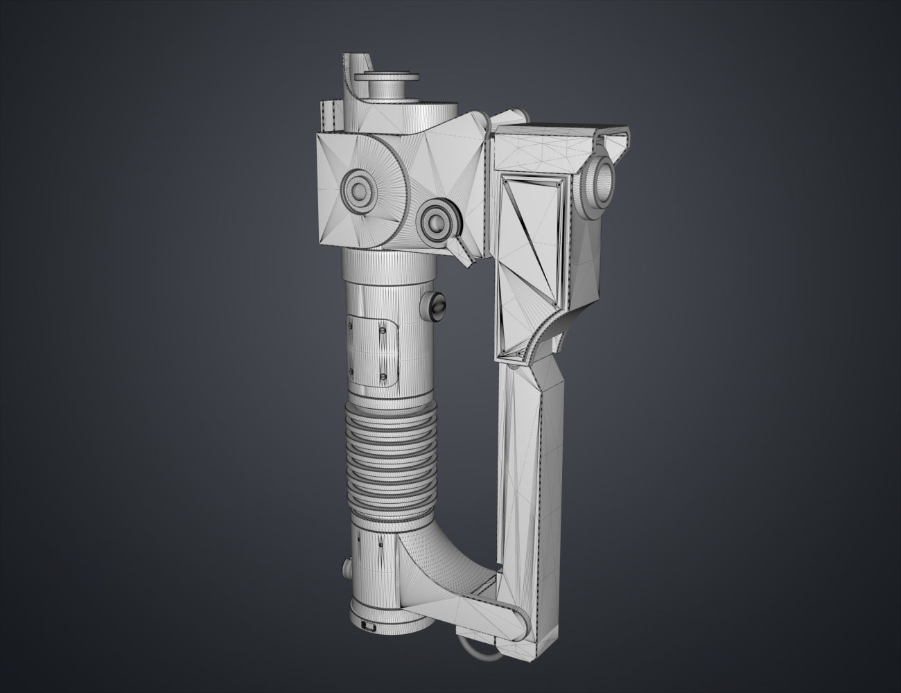 Wireframe mesh render of Ezra Bridger's Lightsaber STL, angled polygon mesh with hilt and blade joints, 3D print cosp...