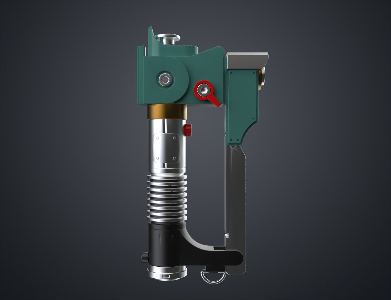 Ezra Bridger’s Lightsaber STL, teal hilt with gold emitter, exploded 3D print cosplay prop