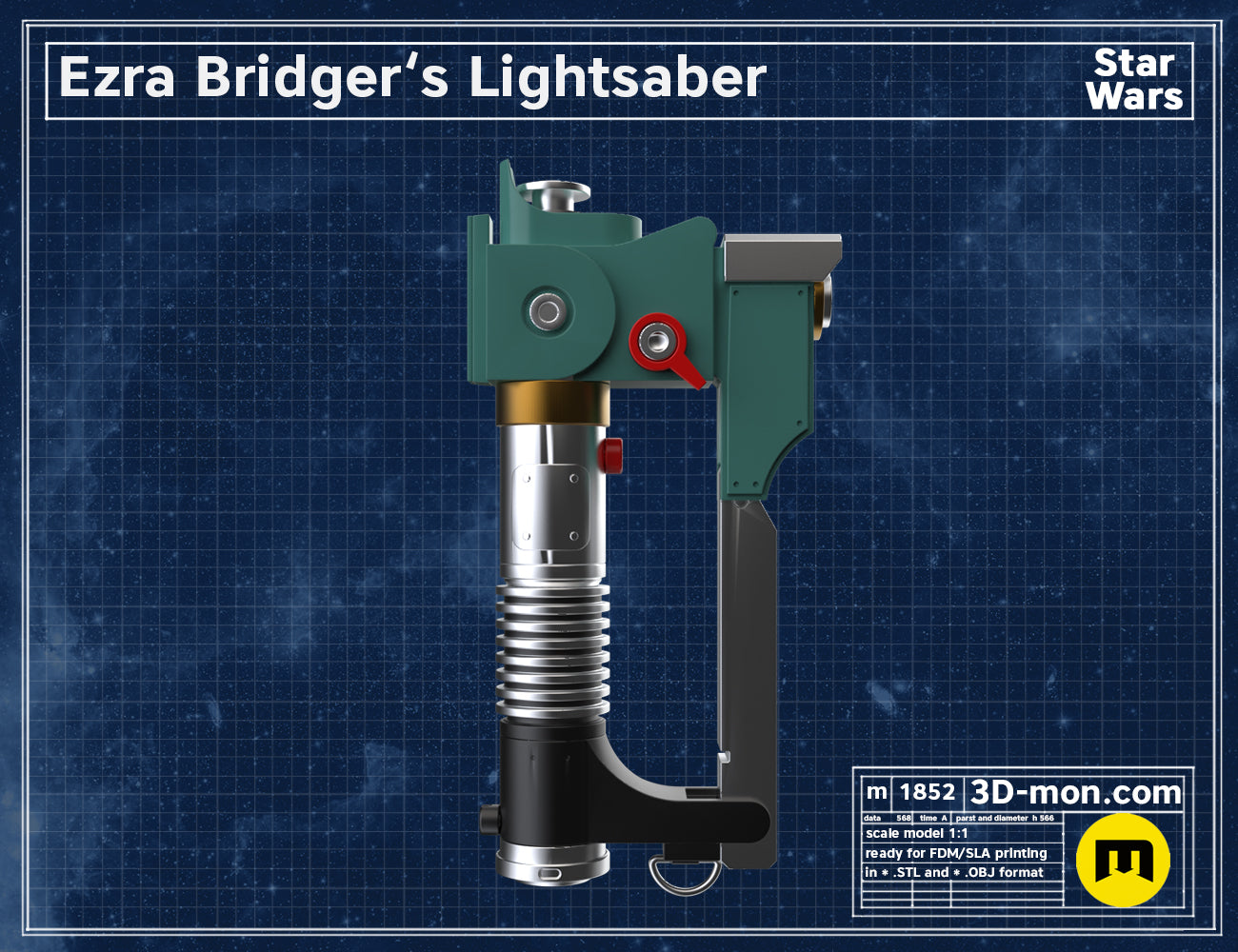 3D model render of Ezra Bridger’s Lightsaber STL, green hilt with silver emitter, Star Wars cosplay prop
