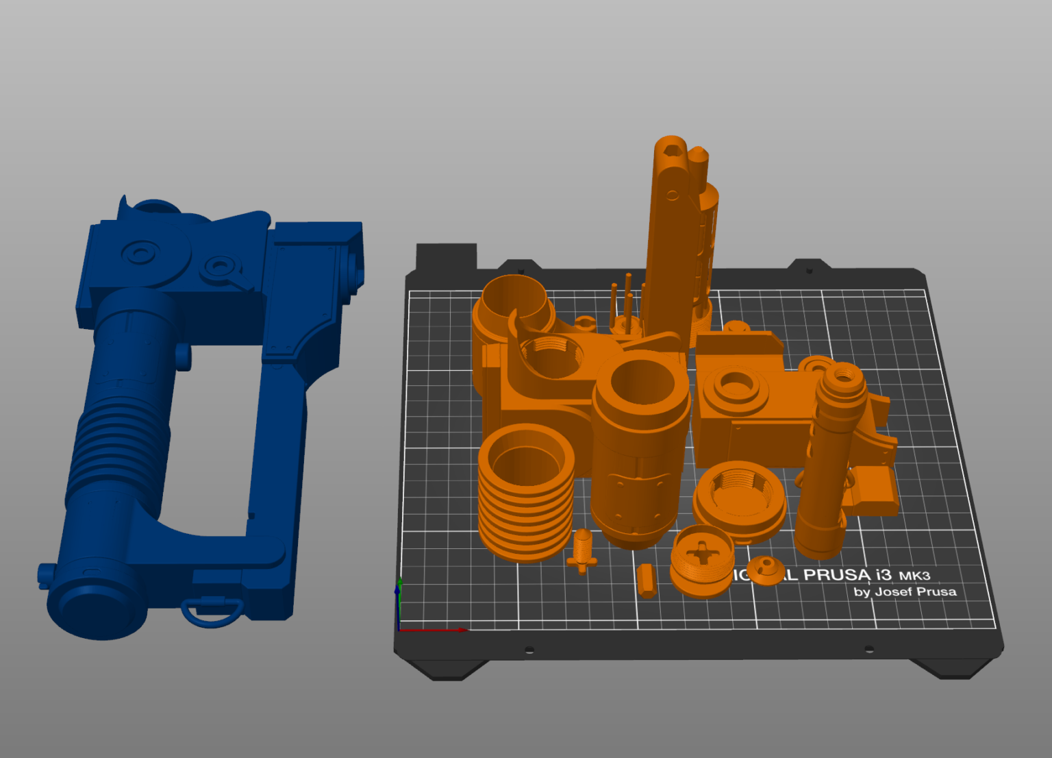Color-coded parts breakdown of Ezra Bridger’s Lightsaber STL, orange/blue assembly guide, 3D print cosplay prop