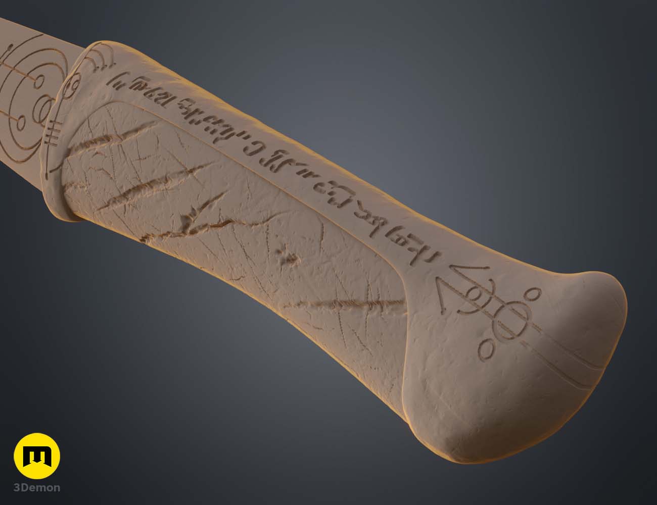 3D model render of Paul Atreides Crysknife, Dune-inspired blade with engraved text, 3D print cosplay prop