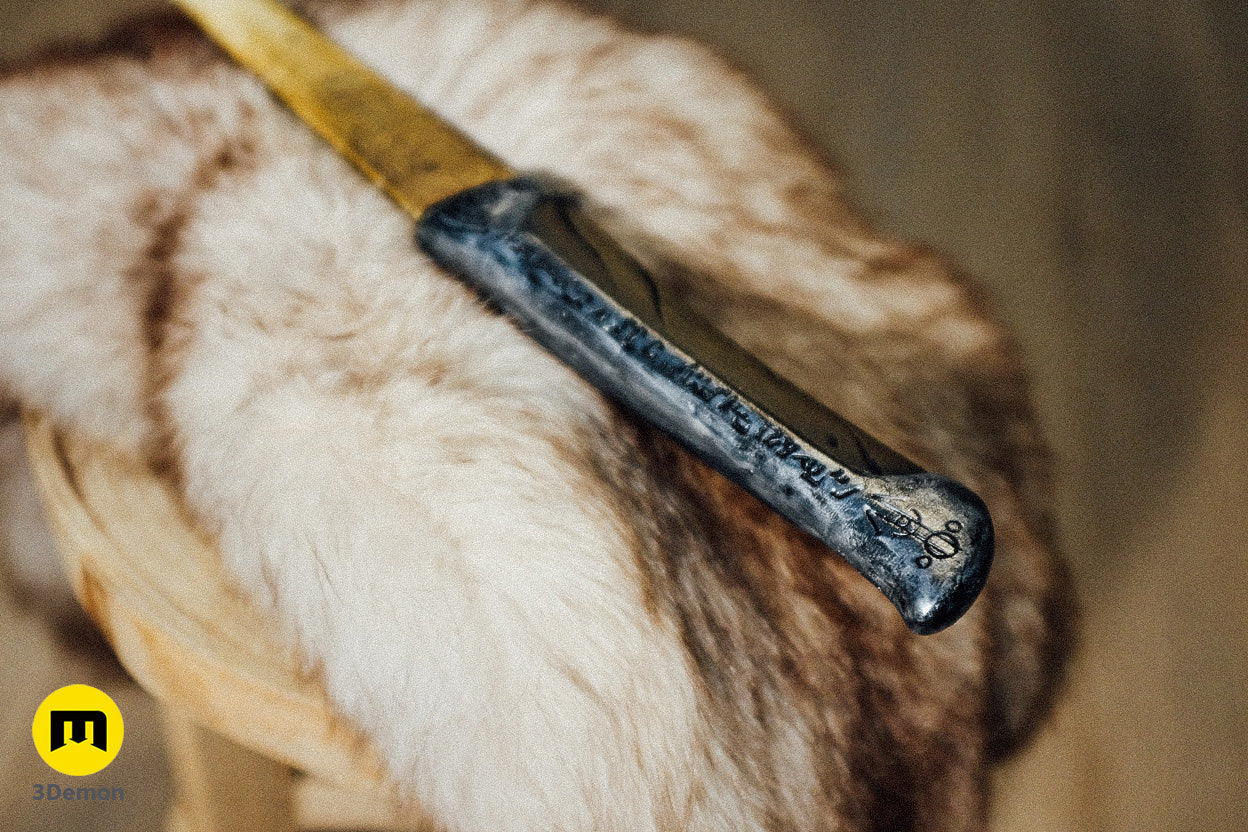 Close-up of Paul Atreides Crysknife - Dune, detailed blade tip with yellow handle, 3D print cosplay prop