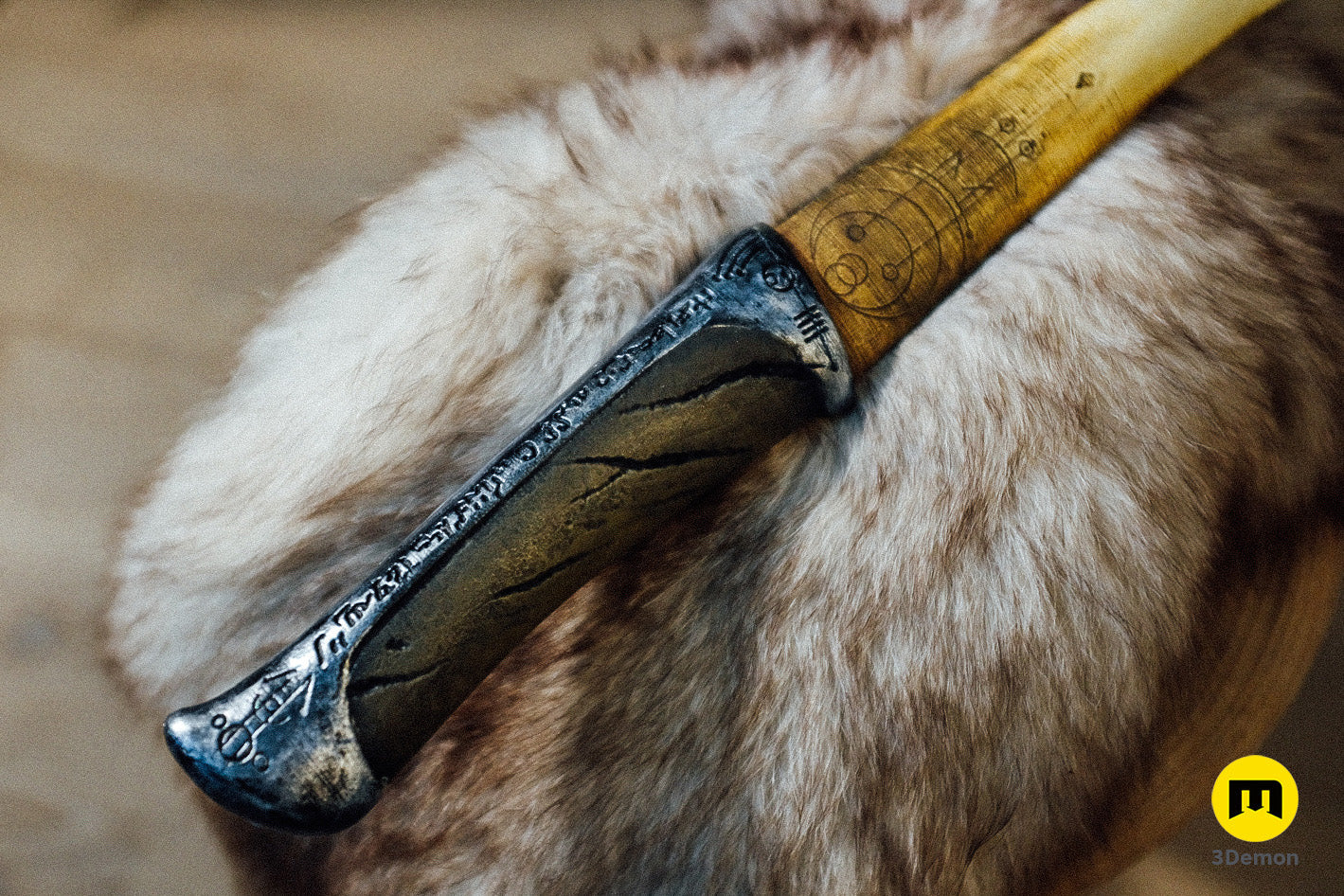 Close-up of Paul Atreides Crysknife - Dune, detailed hilt texture on fluffy fur surface, 3D print cosplay prop