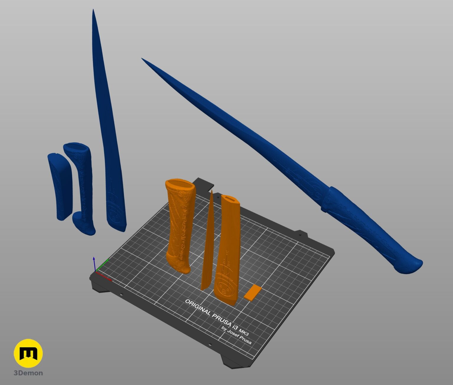 Slicer screenshot of Paul Atreides Crysknife STL, blue/orange parts on Original Prusa i3 MK3 bed