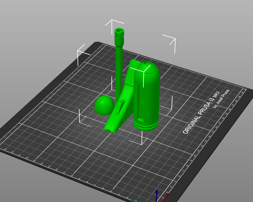 Slicer screenshot of ELG-3A Blaster STL, green parts on Original Prusa i3 MK3 bed