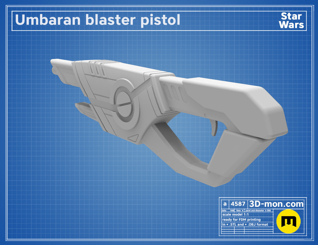 3D model render of Umbaran Blaster Pistol, side view, Star Wars 3D print cosplay weapon