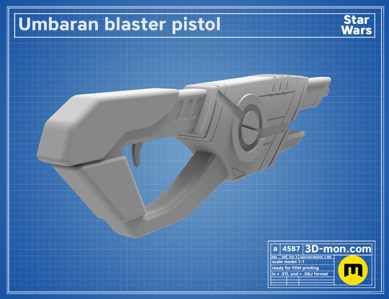 3D model render of Umbaran Blaster Pistol, Star Wars weapon, side view STL preview