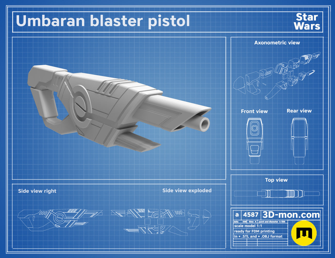 3D model render of Umbaran Blaster Pistol, Star Wars weapon with side grip, printable 3D cosplay prop