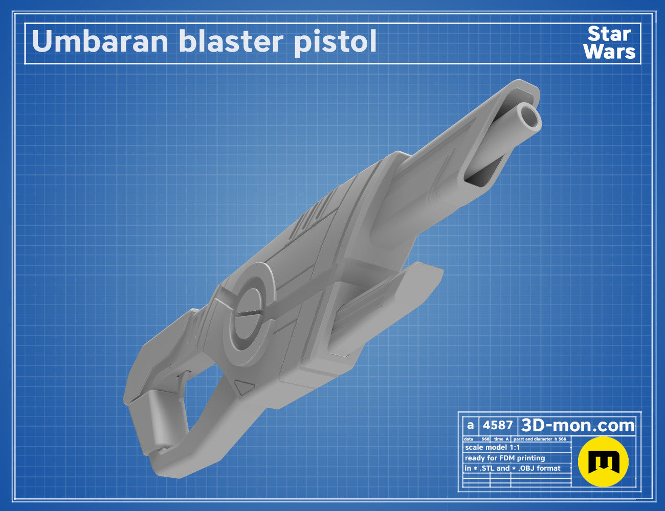 3D model render of Umbaran Blaster Pistol STL, Star Wars weapon with grip detail, 3D print cosplay prop