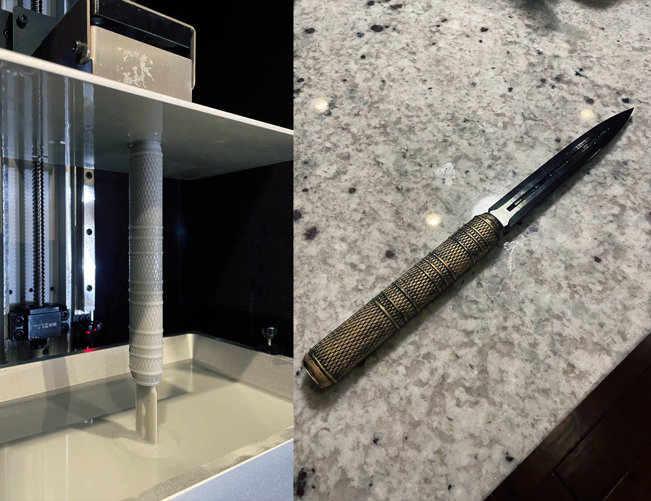 Lifestyle photo of Atreides Tactical Dagger 2 - Dune, 3D printed with ornate golden handle, weapon cosplay prop