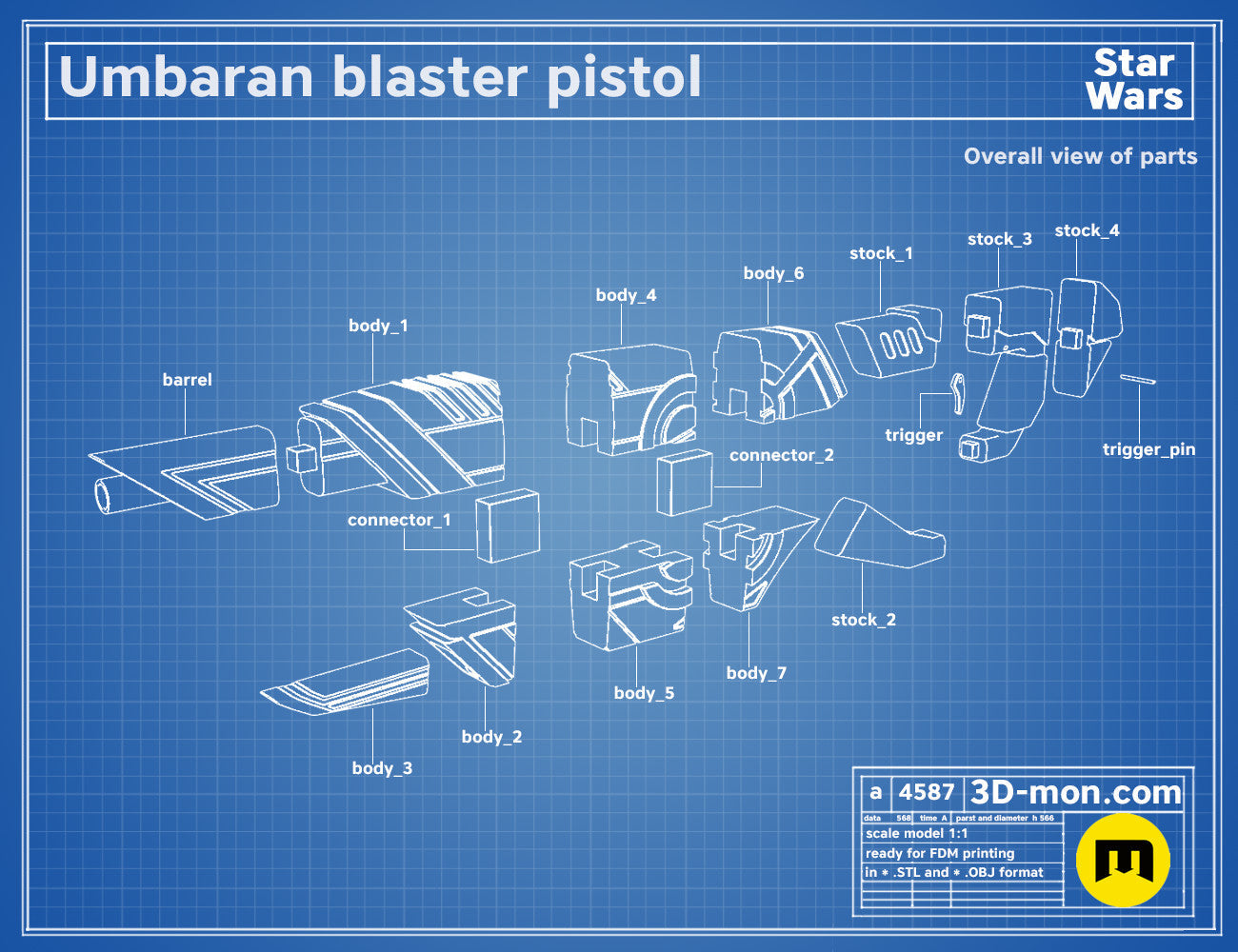 Exploded view of Umbaran Blaster Pistol, Star Wars cosplay prop with labeled parts, 3D print