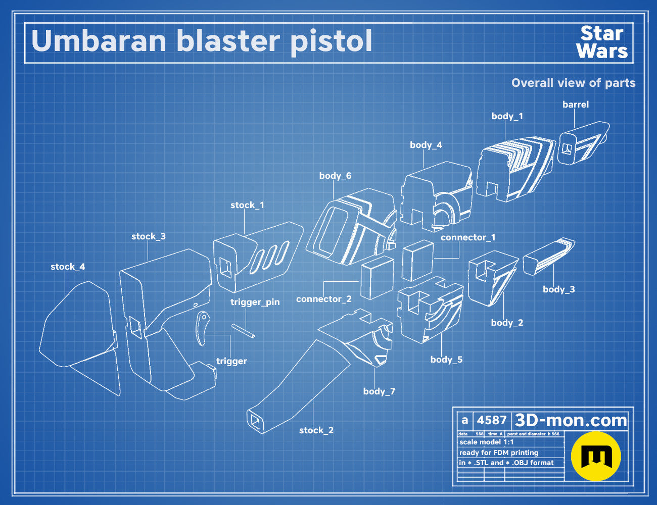 Exploded view of Umbaran Blaster Pistol STL, Star Wars weapon parts breakdown for 3D print