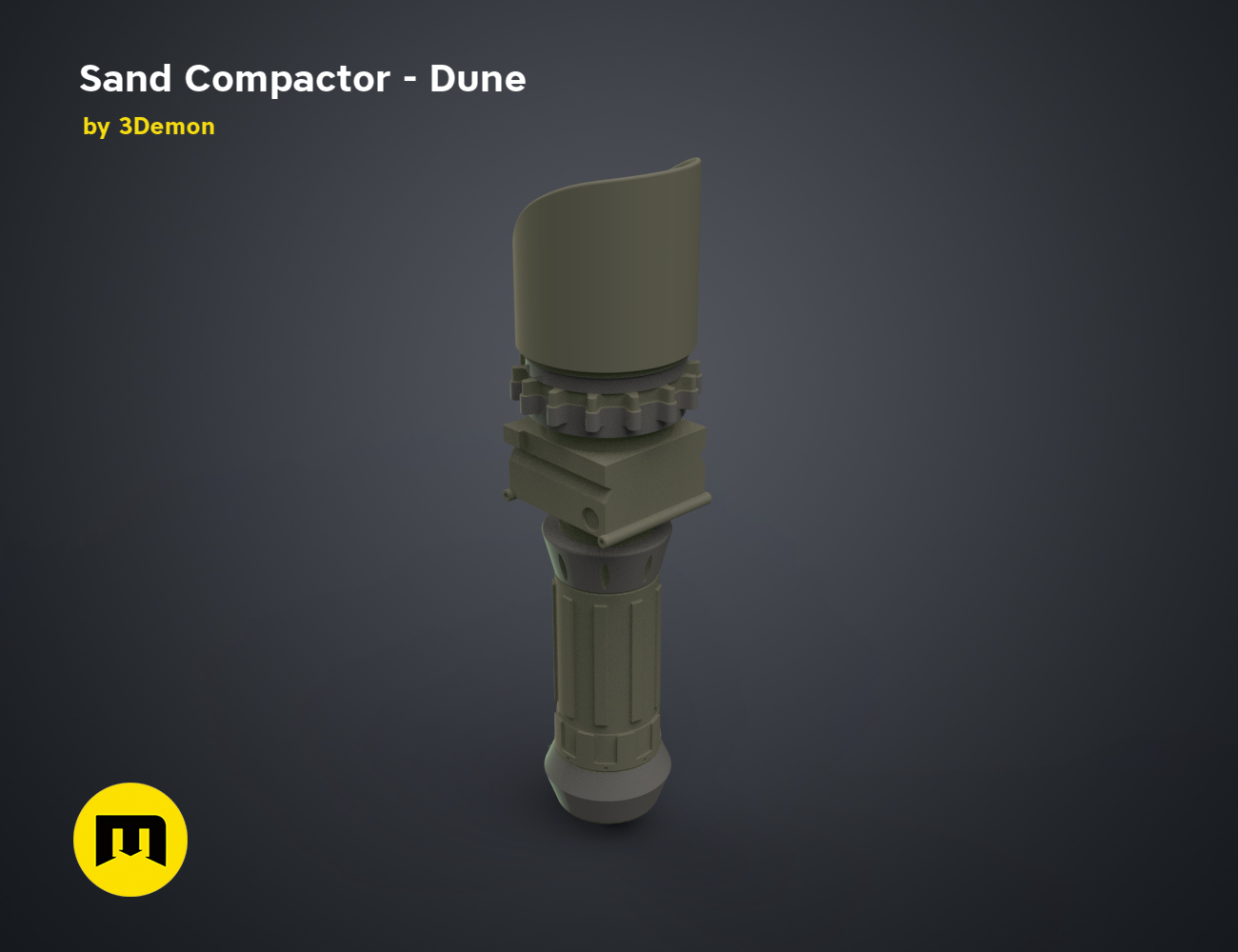 3D model render of Sand Compactor - Dune, olive-green sci-fi vehicle tool, 3D print cosplay prop