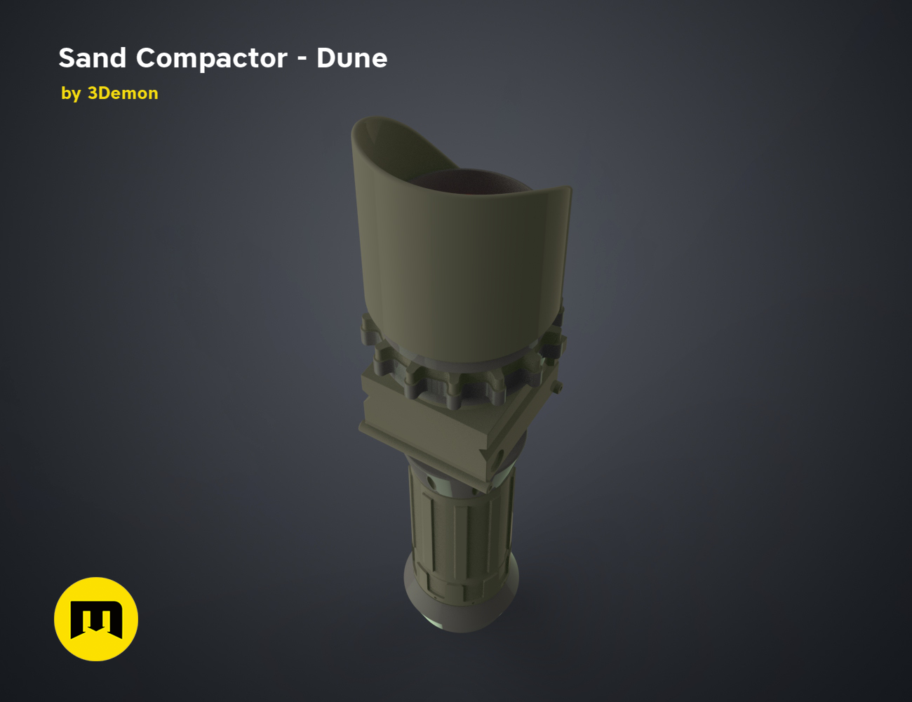 3D model render of Sand Compactor - Dune, olive-green sci-fi terrain tool, 3D print preview