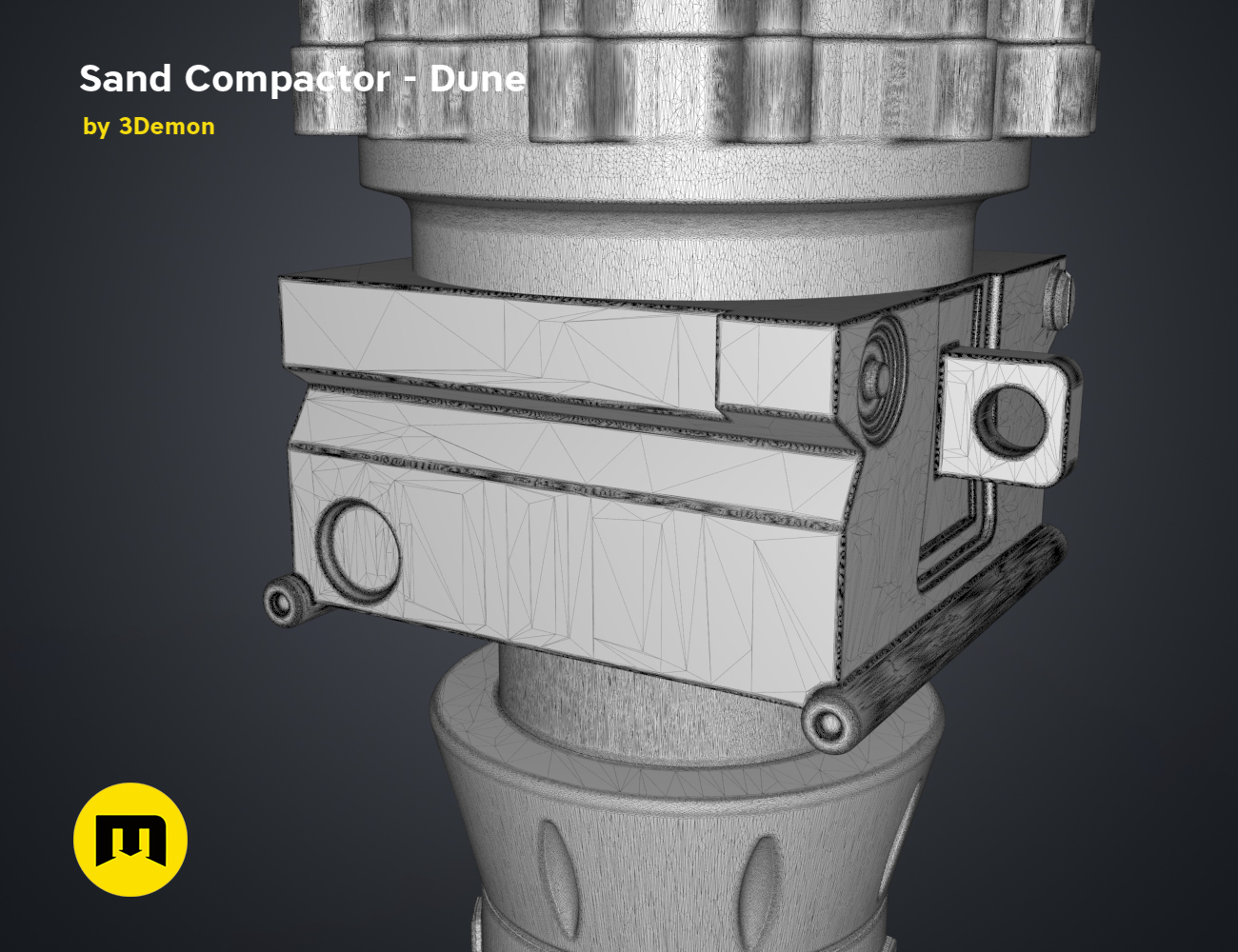 Wireframe mesh render of Sand Compactor - Dune STL, side polygon structure with attachment points, 3D print texture tool