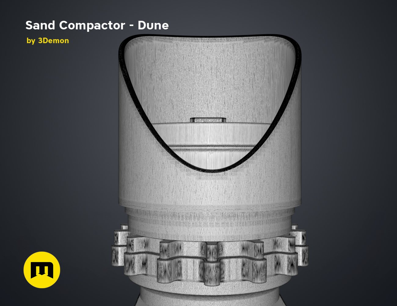 3D model render of Sand Compactor - Dune, front view with gear base, 3D print texture tool