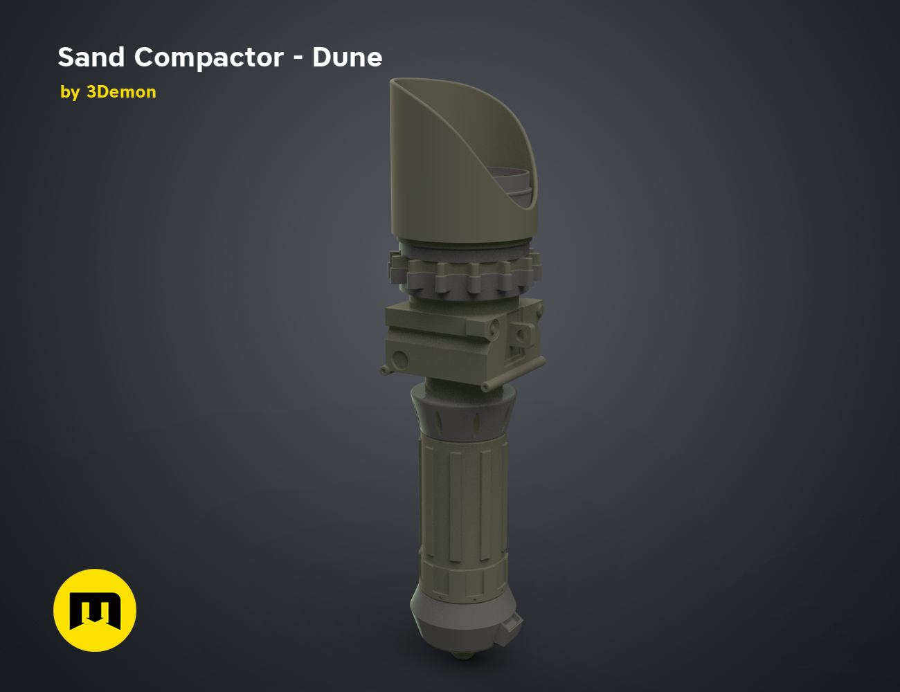 3D model render of Sand Compactor - Dune, olive-green sci-fi terrain tool, 3D print preview
