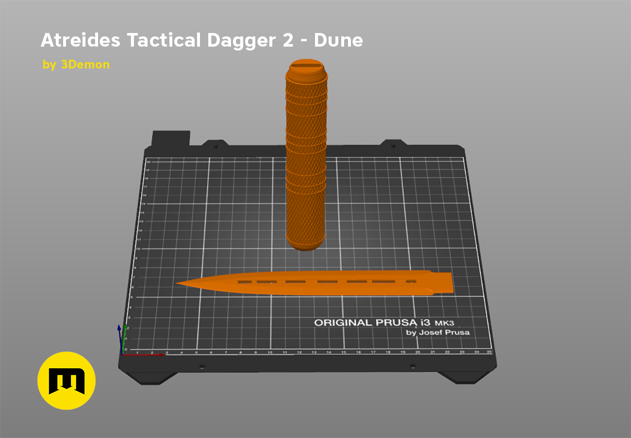 Slicer screenshot of Atreides Tactical Dagger 2 - Dune STL, orange blade and hilt on Prusa i3 MK3 bed