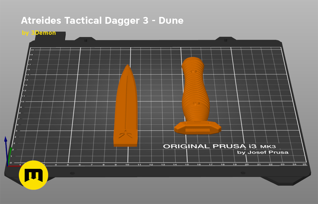 Slicer screenshot of Atreides Tactical Dagger 3 - Dune STL, orange parts on Prusa i3 MK3 bed