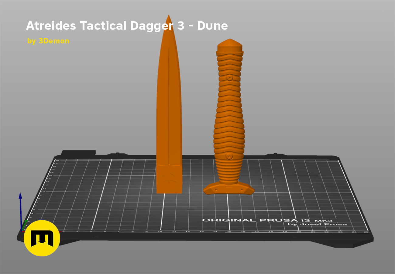Slicer screenshot of Atreides Tactical Dagger 3 STL, orange parts on Prusa i3 MK3 bed