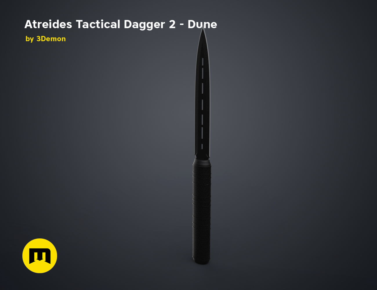 3D model render of Atreides Tactical Dagger 2 - Dune, black matte blade and grip, 3D print cosplay prop