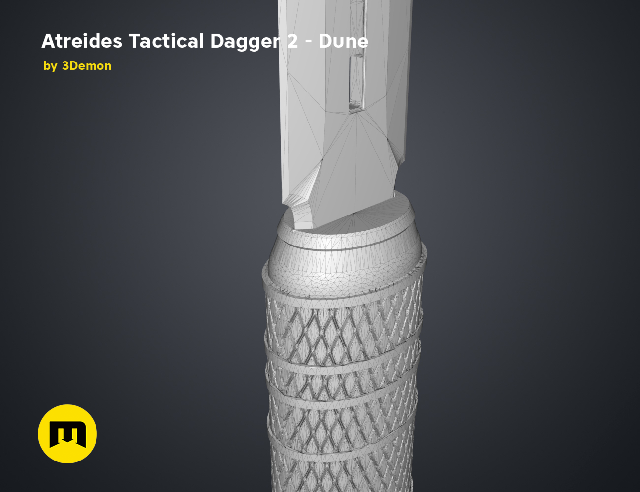 Wireframe mesh render of Atreides Tactical Dagger 2 - Dune STL, side polygon mesh detail, 3D print cosplay prop