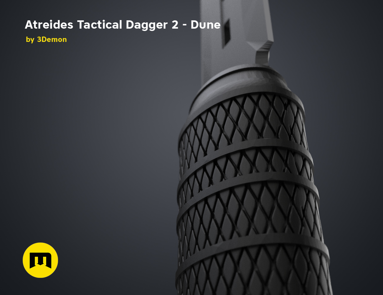 3D model render of Atreides Tactical Dagger 2, Dune-inspired crisscross grip, 3D print cosplay weapon