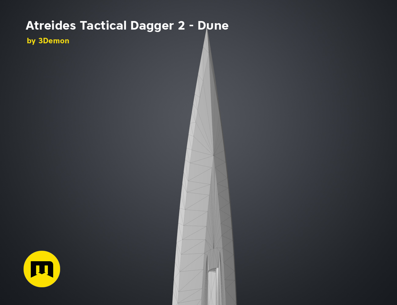 Wireframe mesh render of Atreides Tactical Dagger 2 - Dune STL, side polygon structure, 3D print cosplay prop