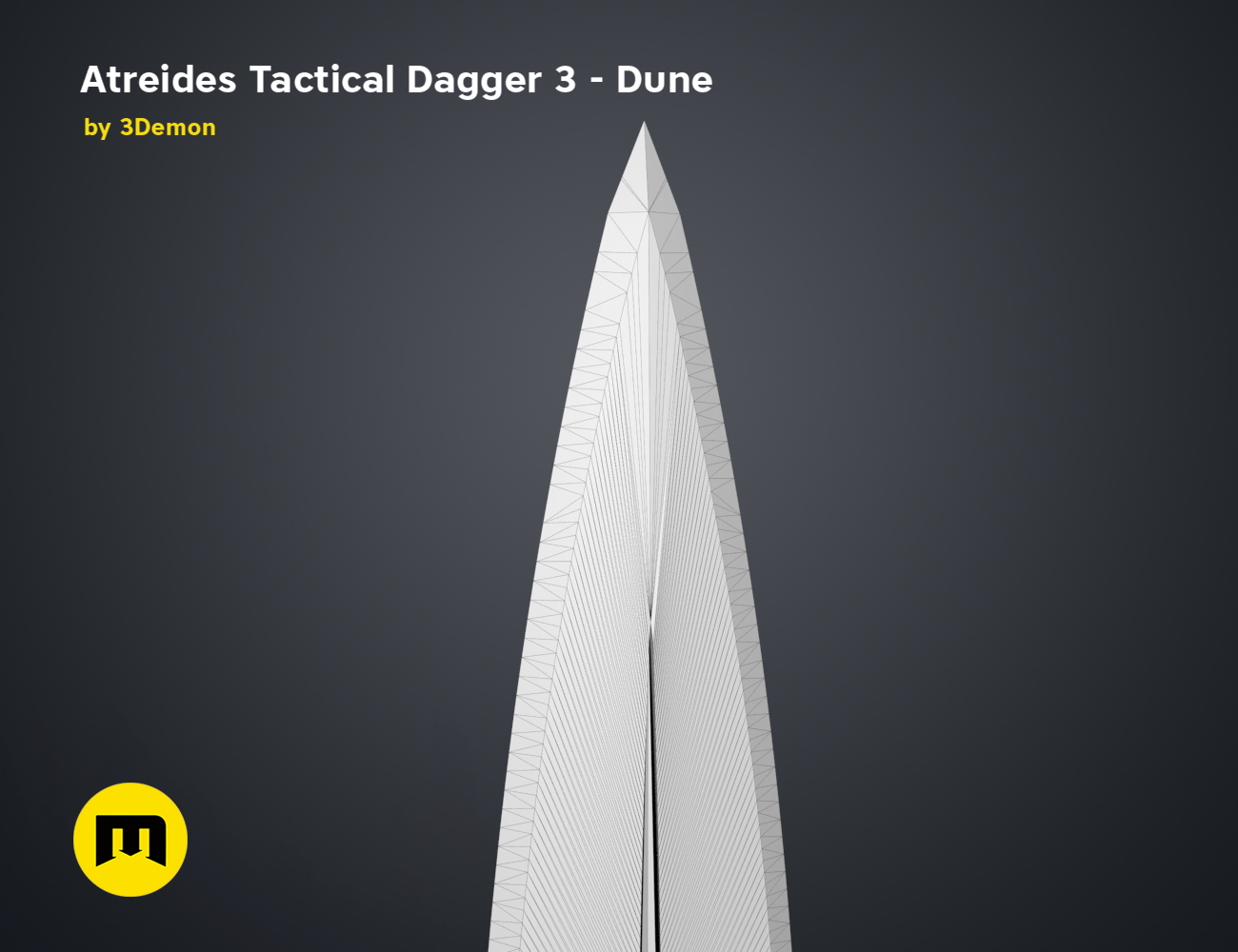 Wireframe mesh render of Atreides Tactical Dagger 3 - Dune, sharp blade mesh topology, 3D print cosplay prop