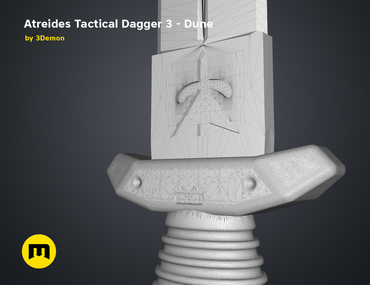 Wireframe mesh render of Atreides Tactical Dagger 3 - Dune STL, side polygon mesh with handle detail, 3D print cospla...