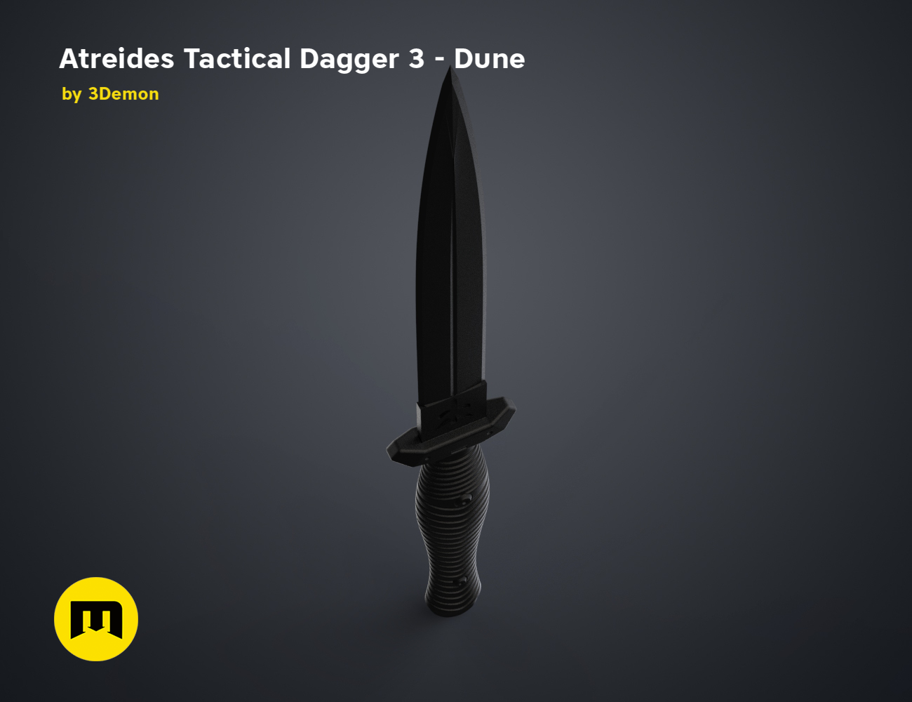 3D visualization of Atreides Tactical Dagger 3 - Dune, black blade with serrated edge, 3D print cosplay weapon.