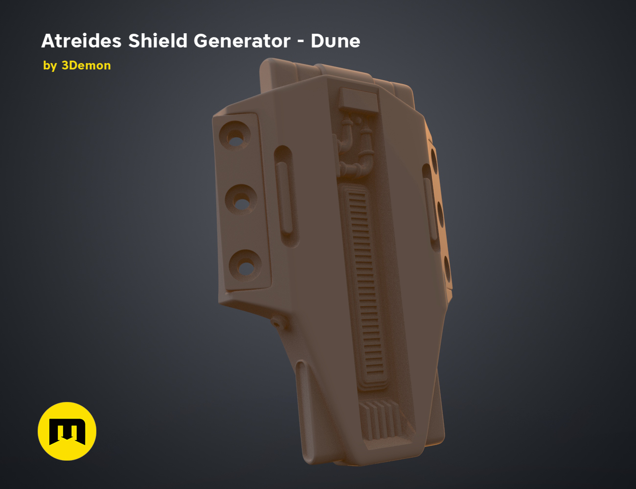 3D model render of Atreides Shield Generator - Dune, brown sci-fi weapon with vented panel, 3D print cosplay prop