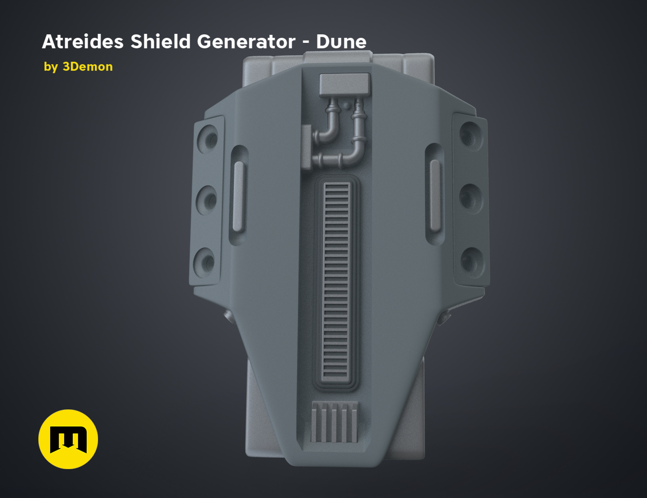 3D model render of Atreides Shield Generator - Dune, grey futuristic tech with cooling vents, 3D print cosplay prop