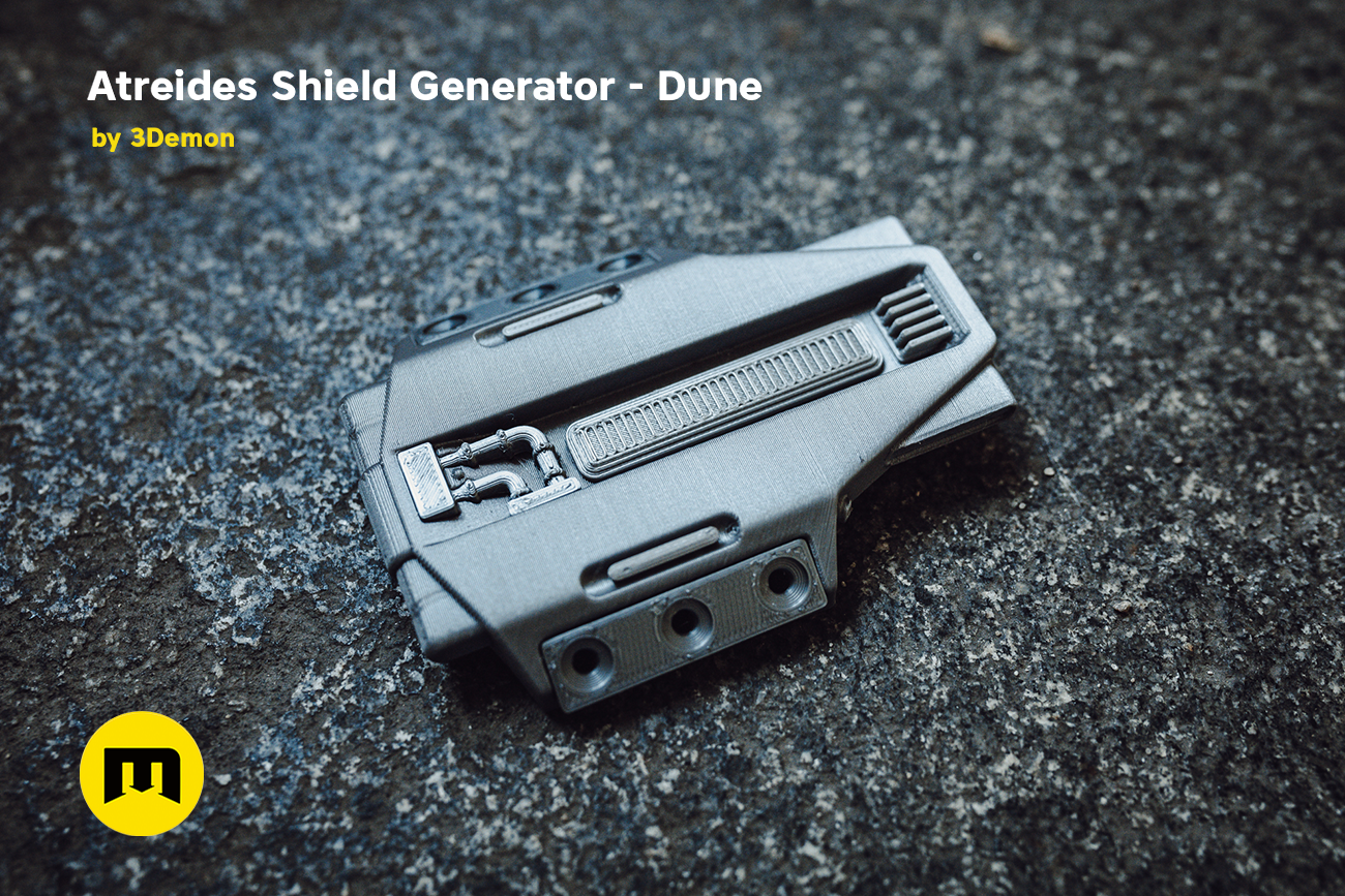 3D model render of Atreides Shield Generator - Dune, grey sci-fi weapon with vented panel, 3D print cosplay prop