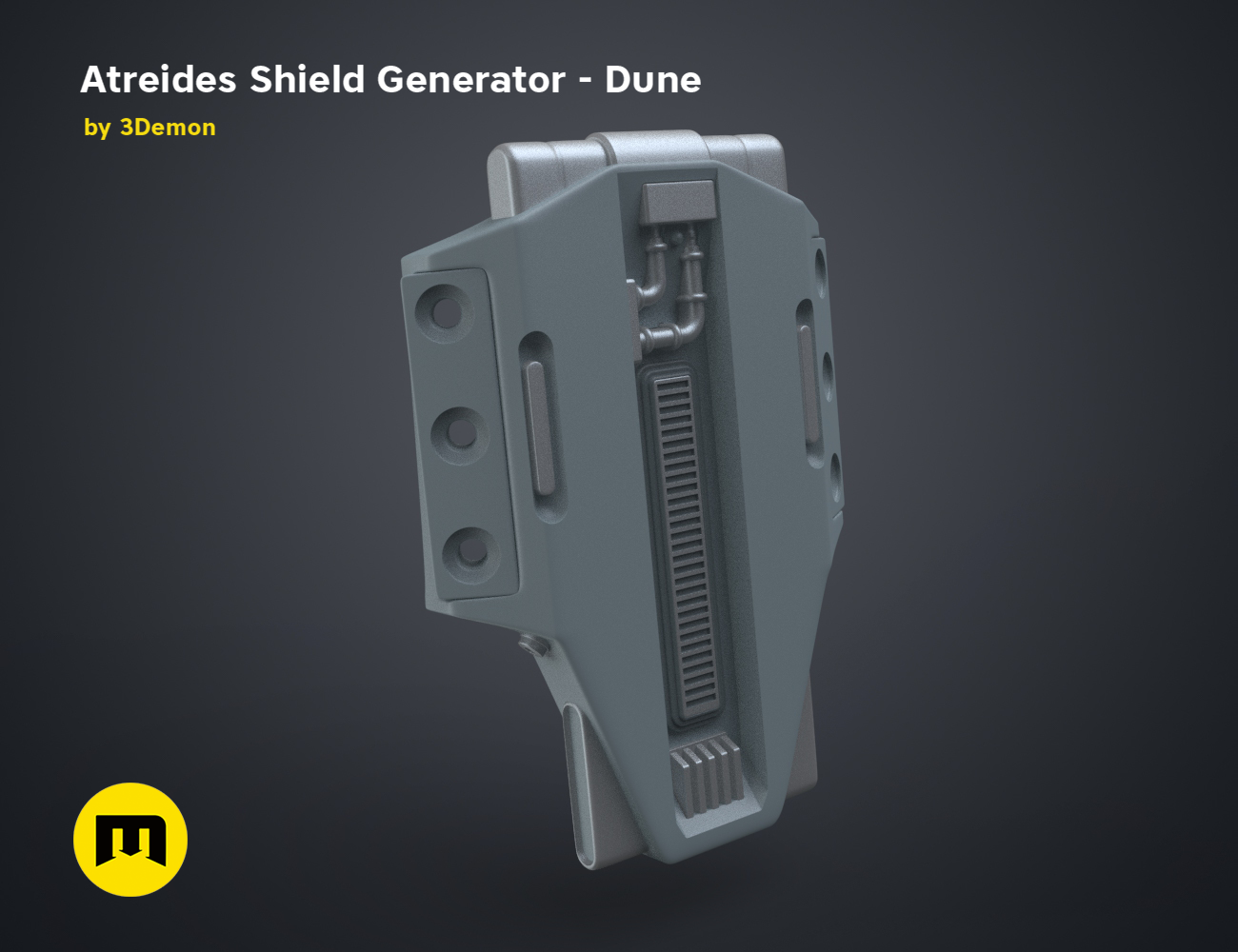 3D model render of Atreides Shield Generator - Dune, side view, futuristic 3D print cosplay prop